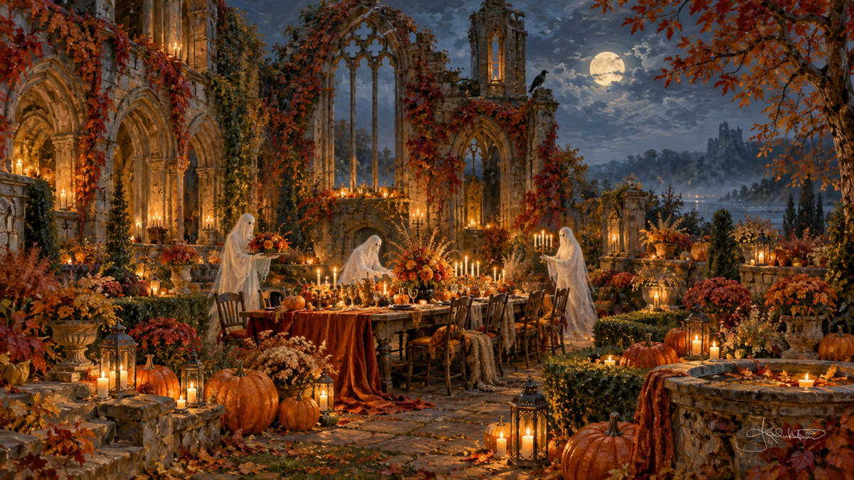 Ghosts at a candlelit harvest feast inside roofless gothic ruins, pumpkins and autumn leaves everywhere. Cozy Halloween Frame TV art from the Dreamy Halloween collection by Dreams On Kanvas
