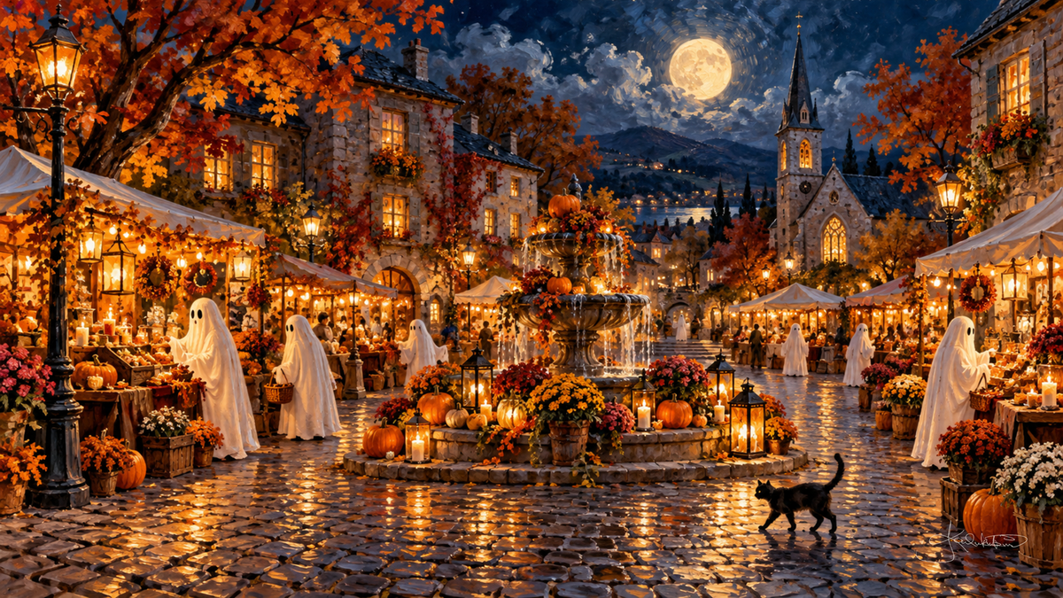 A busy night market of lit stalls around a fountain, ghosts strolling with baskets and a black cat on the wet cobbles below a church spire. Cozy Halloween Frame TV art from the Dreamy Halloween collection by Dreams On Kanvas