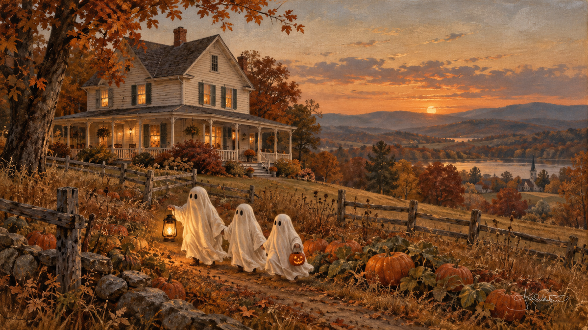 Three little ghosts with a lantern walking a fence line toward a white farmhouse at golden sunset over a lake valley. Cozy Halloween Frame TV art from the Dreamy Halloween collection by Dreams On Kanvas