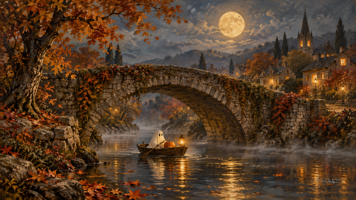 A ghost in a rowboat with a pumpkin gliding under an old stone arch bridge, a hilltop town and full moon beyond. Cozy Halloween Frame TV art from the Dreamy Halloween collection by Dreams On Kanvas