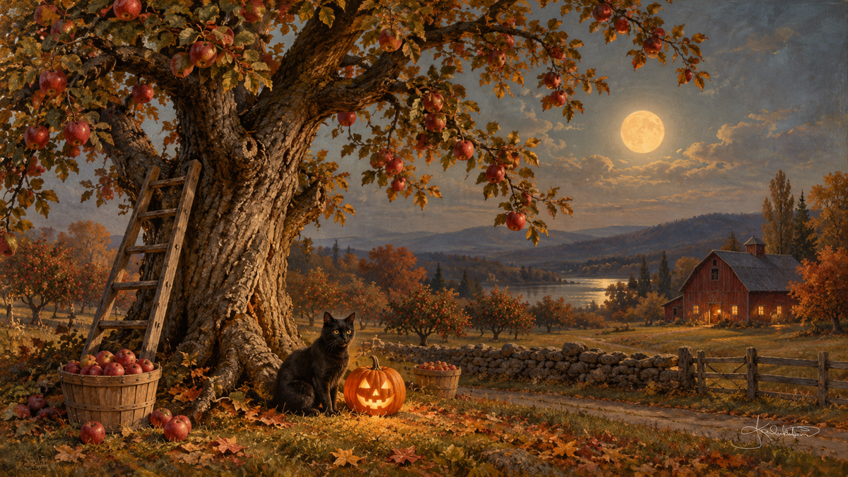 A black cat beside a jack-o'-lantern under an apple tree with a ladder and basket, a lit barn and lake under the moon. Cozy Halloween Frame TV art from the Dreamy Halloween collection by Dreams On Kanvas