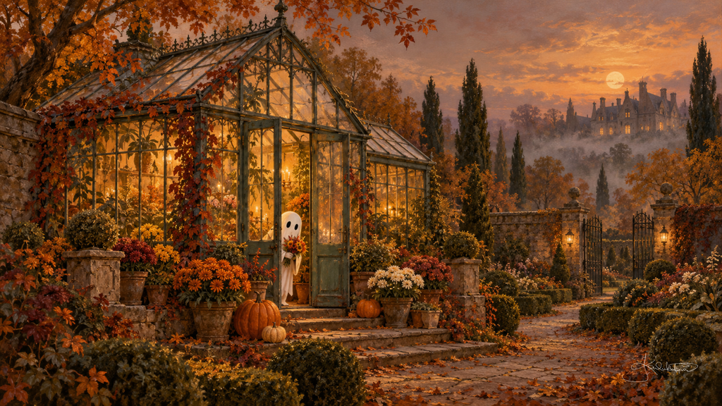 A ghost carrying flowers out of a glowing Victorian greenhouse at dusk, chrysanthemums and pumpkins along the path. Cozy Halloween Frame TV art from the Dreamy Halloween collection by Dreams On Kanvas