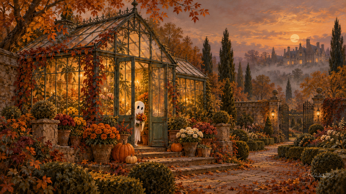 A ghost carrying flowers out of a glowing Victorian greenhouse at dusk, chrysanthemums and pumpkins along the path. Cozy Halloween Frame TV art from the Dreamy Halloween collection by Dreams On Kanvas