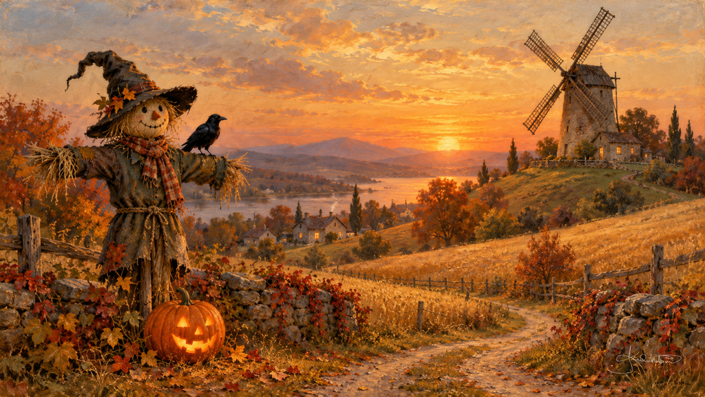 A scarecrow in a pointed hat with a crow on his arm and a jack-o'-lantern at his feet, a windmill on the hill at sunset. Cozy Halloween Frame TV art from the Dreamy Halloween collection by Dreams On Kanvas