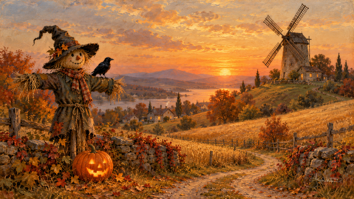 A scarecrow in a pointed hat with a crow on his arm and a jack-o'-lantern at his feet, a windmill on the hill at sunset. Cozy Halloween Frame TV art from the Dreamy Halloween collection by Dreams On Kanvas