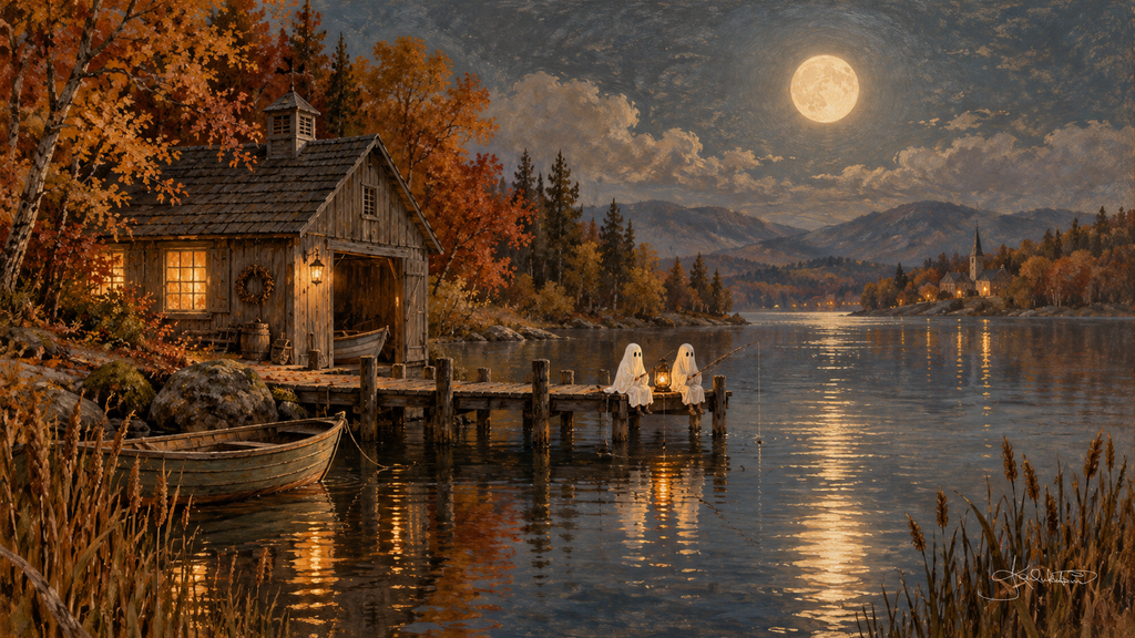 Two ghosts sitting on the dock of a lit lakeside boathouse, a rowboat and still water shining under the full moon. Cozy Halloween Frame TV art from the Dreamy Halloween collection by Dreams On Kanvas