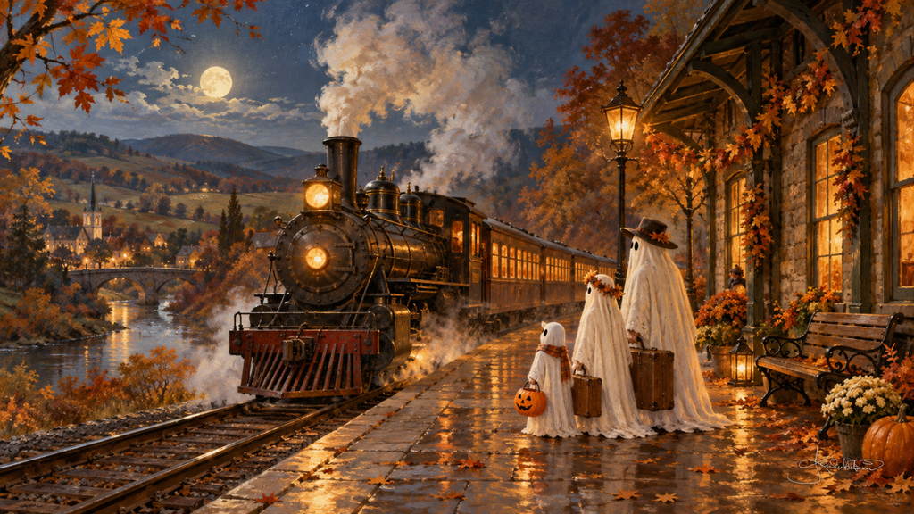 Ghosts with suitcases and a pumpkin pail on a lamplit platform as a steam train rolls in through autumn hills. Cozy Halloween Frame TV art from the Dreamy Halloween collection by Dreams On Kanvas