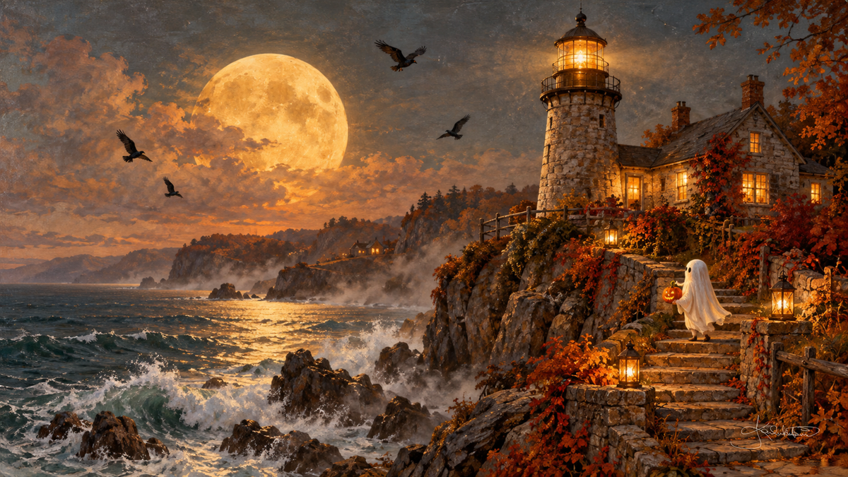 A little ghost with a pumpkin pail climbing lantern-lit cliff stairs to a lighthouse, a huge golden moon and birds over the waves. Cozy Halloween Frame TV art from the Dreamy Halloween collection by Dreams On Kanvas
