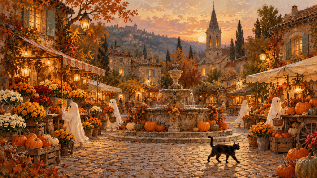 Ghosts browsing pumpkin and flower stalls around a stone fountain at golden hour, a black cat crossing the square. Cozy Halloween Frame TV art from the Dreamy Halloween collection by Dreams On Kanvas