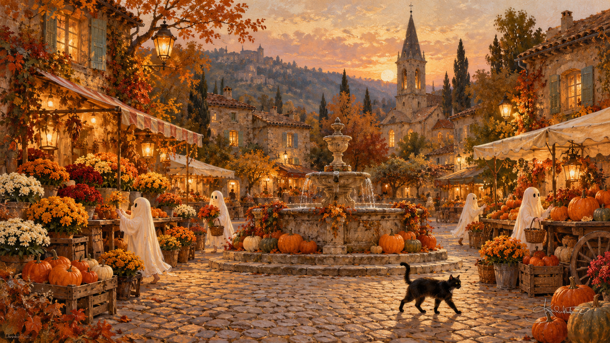Ghosts browsing pumpkin and flower stalls around a stone fountain at golden hour, a black cat crossing the square. Cozy Halloween Frame TV art from the Dreamy Halloween collection by Dreams On Kanvas