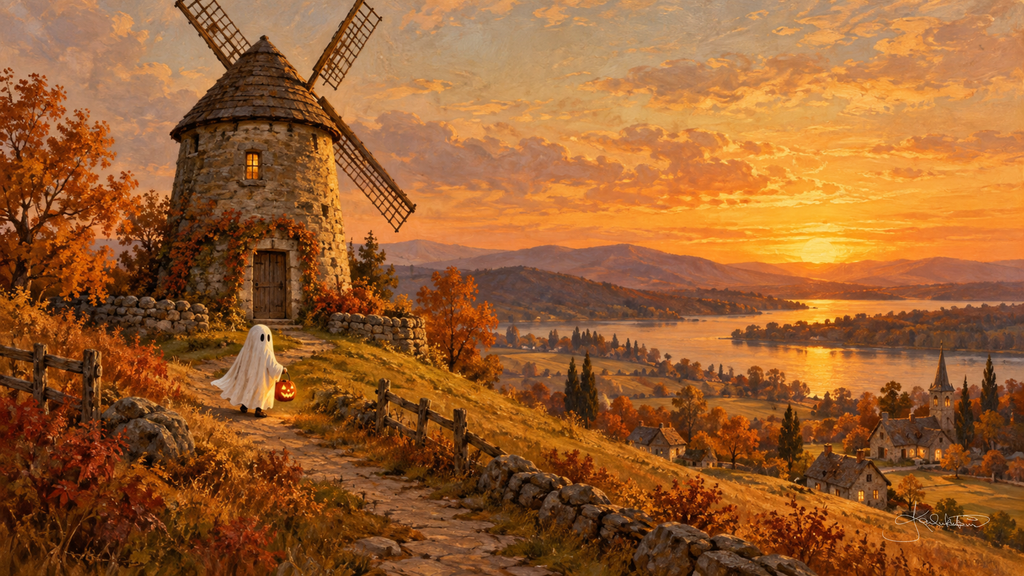 A small ghost walking a hillside path past a stone windmill, the sun setting gold over a river valley. Cozy Halloween Frame TV art from the Dreamy Halloween collection by Dreams On Kanvas