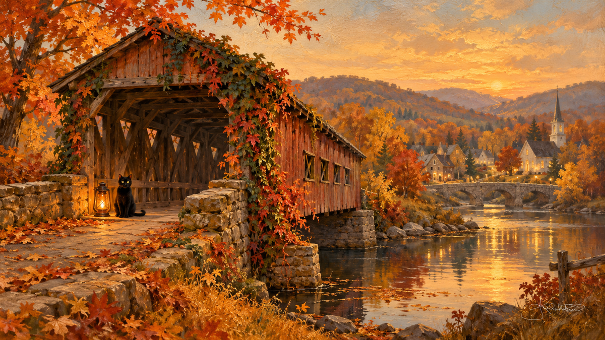 A red covered bridge wrapped in autumn vines, a black cat by a lantern at its mouth, a river and village at sunset. Cozy Halloween Frame TV art from the Dreamy Halloween collection by Dreams On Kanvas