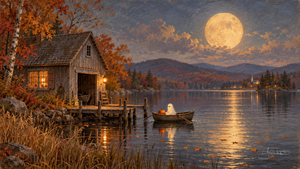 A ghost rowing a pumpkin across a calm lake past a lit cabin and dock, the full moon reflected on the water. Cozy Halloween Frame TV art from the Dreamy Halloween collection by Dreams On Kanvas