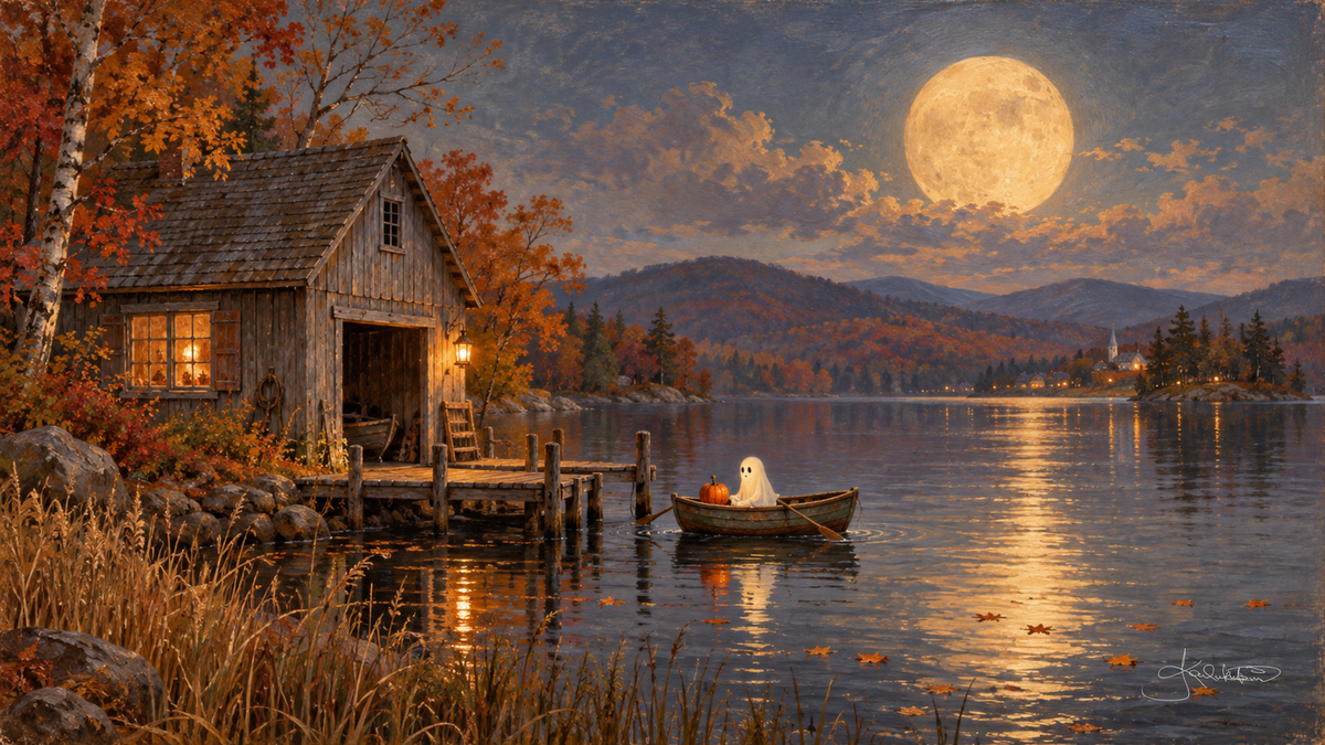 A ghost rowing a pumpkin across a calm lake past a lit cabin and dock, the full moon reflected on the water. Cozy Halloween Frame TV art from the Dreamy Halloween collection by Dreams On Kanvas