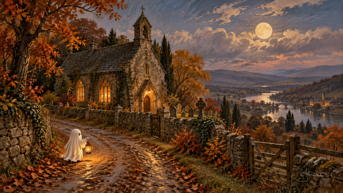 A little ghost with a lantern walking a leafy lane to a candlelit stone chapel, a river winding through the valley below. Cozy Halloween Frame TV art from the Dreamy Halloween collection by Dreams On Kanvas