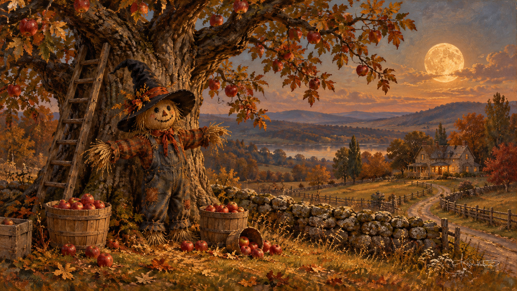 A smiling scarecrow leaning on an apple tree beside baskets of apples, a stone wall and farm lane under the rising moon. Cozy Halloween Frame TV art from the Dreamy Halloween collection by Dreams On Kanvas