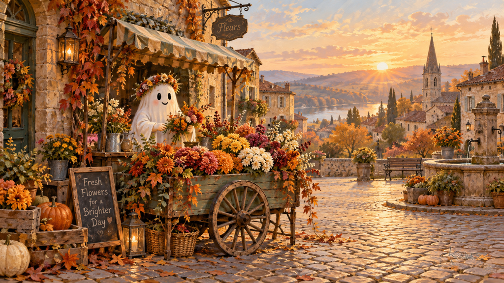 A ghost in a flower crown at a cart of autumn blooms on a sunny cobbled square, a chalkboard reading Fresh Flowers for a Brighter Day. Cozy Halloween Frame TV art from the Dreamy Halloween collection by Dreams On Kanvas