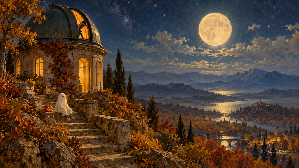 A ghost sitting on lantern-lit steps below a domed observatory, a river valley and full moon spread out beyond. Cozy Halloween Frame TV art from the Dreamy Halloween collection by Dreams On Kanvas