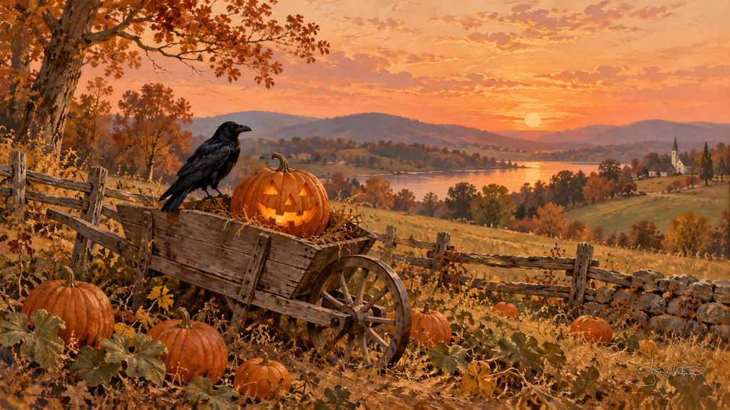 A crow perched on a jack-o'-lantern in an old wooden cart, pumpkins in the field and a lake glowing at sunset. Cozy Halloween Frame TV art from the Dreamy Halloween collection by Dreams On Kanvas