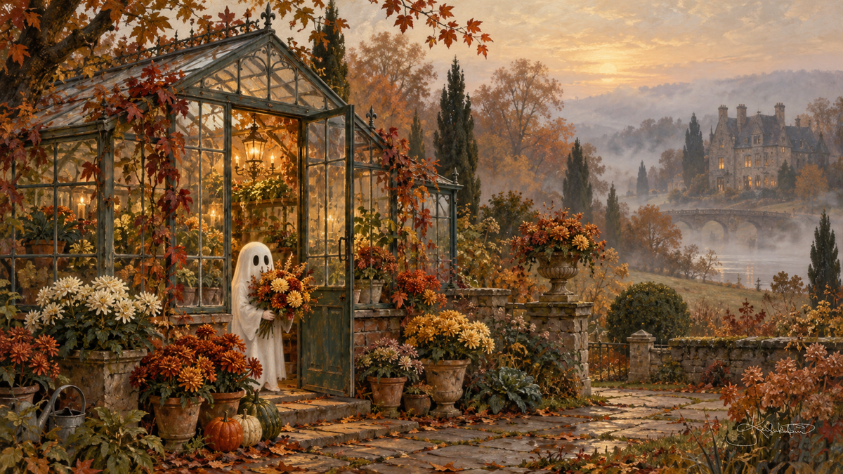 A ghost holding chrysanthemums at the door of a glass greenhouse, a misty lake and castle in the soft morning light. Cozy Halloween Frame TV art from the Dreamy Halloween collection by Dreams On Kanvas