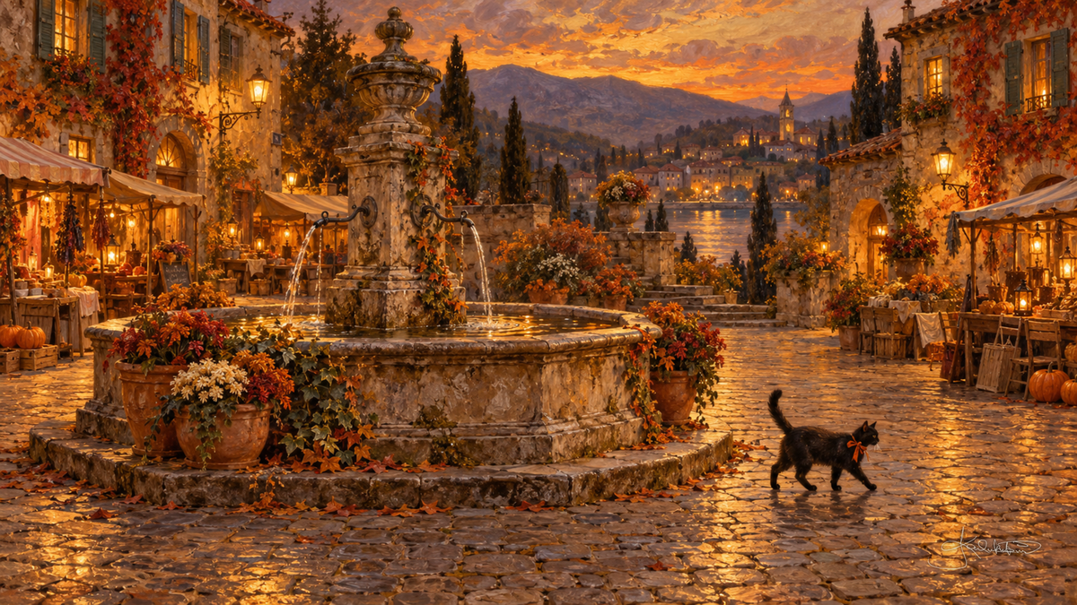 A black cat crossing a cobbled square past a flower-filled fountain and lit cafe awnings at sunset. Cozy Halloween Frame TV art from the Dreamy Halloween collection by Dreams On Kanvas