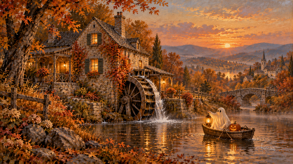 A ghost with a lantern rowing past a stone watermill and its turning wheel, the sun setting over the hills. Cozy Halloween Frame TV art from the Dreamy Halloween collection by Dreams On Kanvas
