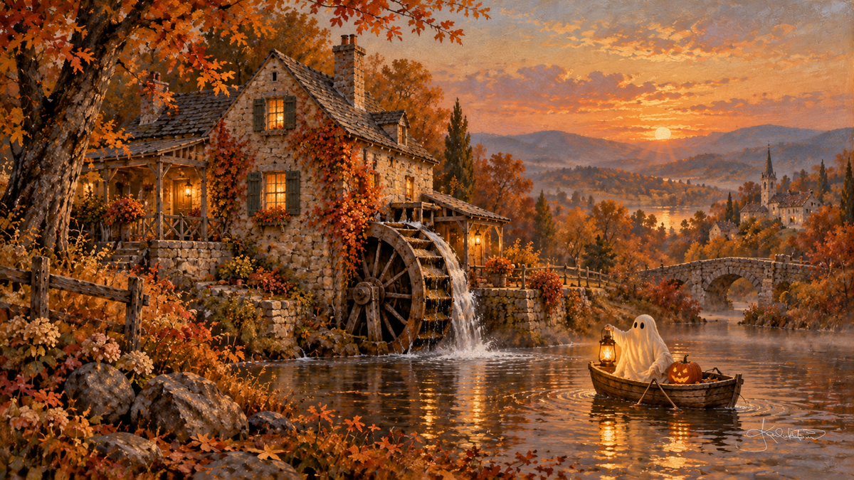 A ghost with a lantern rowing past a stone watermill and its turning wheel, the sun setting over the hills. Cozy Halloween Frame TV art from the Dreamy Halloween collection by Dreams On Kanvas