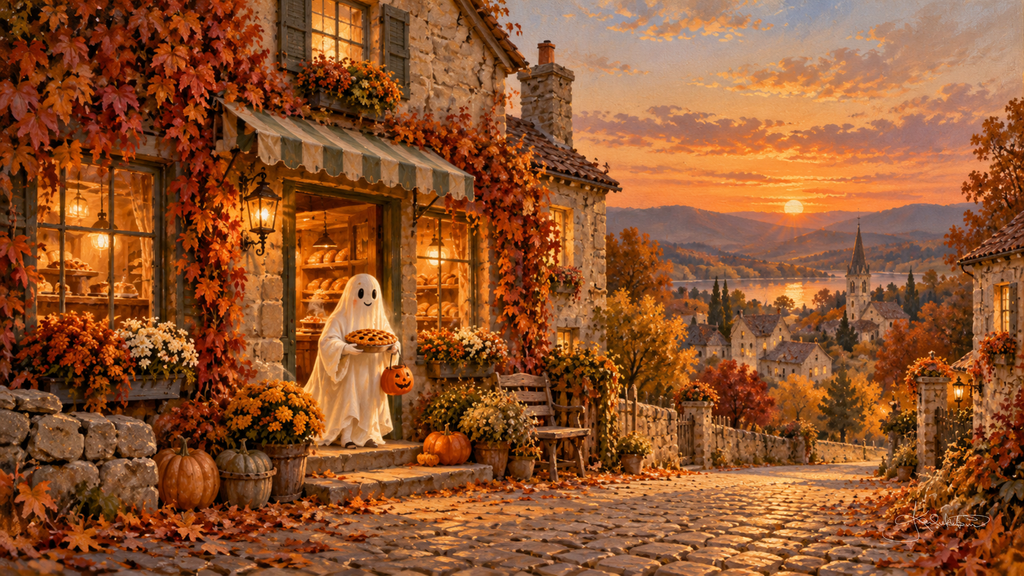 A ghost carrying a pie and a pumpkin pail out of a warm village bakery at sunset, autumn vines over the awning. Cozy Halloween Frame TV art from the Dreamy Halloween collection by Dreams On Kanvas