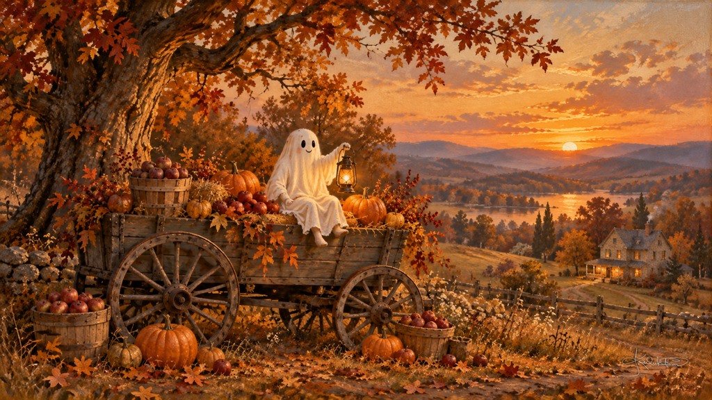 A ghost holding a lantern on a harvest wagon of pumpkins and apples under an old oak, a valley glowing at sunset. Cozy Halloween Frame TV art from the Dreamy Halloween collection by Dreams On Kanvas