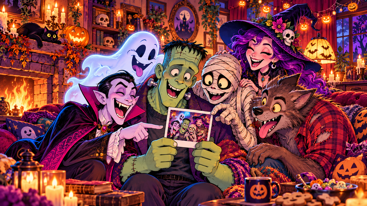 Dracula, Frankenstein's monster, a mummy, a werewolf, a witch and a ghost laughing on a couch over an instant photo of themselves, a fire and candles behind them. Halloween Frame TV art from the Dreamy Halloween Haze collection by Dreams On Kanvas
