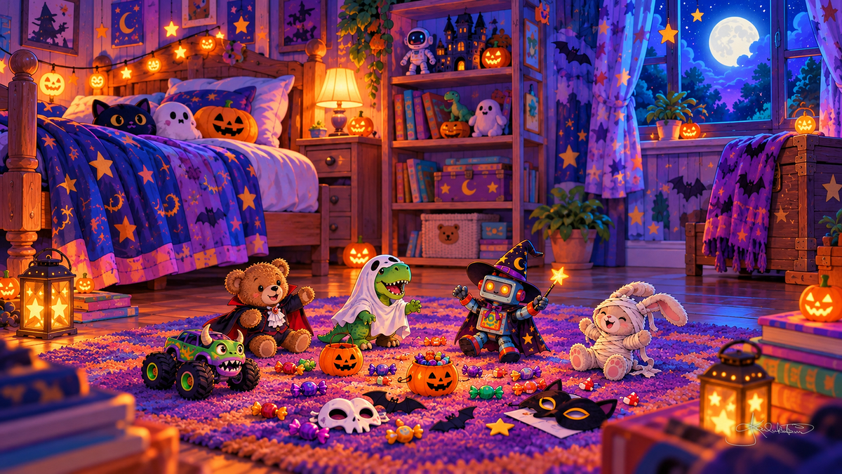 A child's bedroom at night, toys in Halloween costumes on a purple rug, star lanterns glowing and a full moon in the window. Halloween Frame TV art from the Dreamy Halloween Haze collection by Dreams On Kanvas