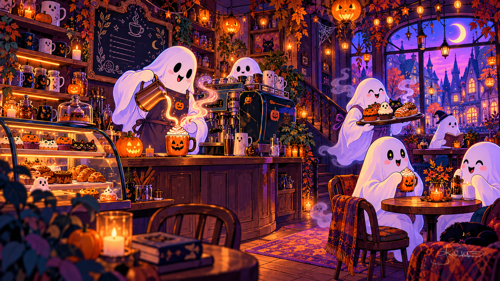 Friendly ghosts running a cozy café, one pouring a pumpkin latte, pastries in the case and a moonlit castle through the window. Halloween Frame TV art from the Dreamy Halloween Haze collection by Dreams On Kanvas