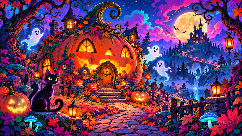 A house built inside a giant glowing pumpkin, a black cat on the path, little ghosts floating over a valley and a castle under the moon. Halloween Frame TV art from the Dreamy Halloween Haze collection by Dreams On Kanvas