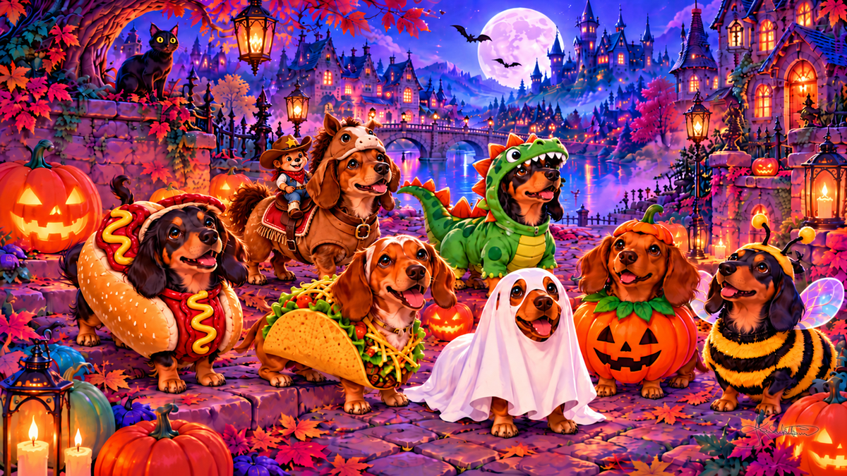 Dachshunds in costumes, a hot dog, a taco, a dinosaur, a ghost, a pumpkin and a bee, parading down a lantern-lit cobbled street. Halloween Frame TV art from the Dreamy Halloween Haze collection by Dreams On Kanvas