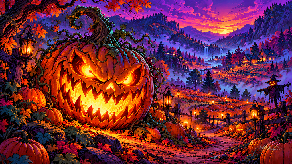 A huge grinning jack-o'-lantern glowing in a pumpkin patch, a scarecrow and a river valley under a fiery twilight sky. Halloween Frame TV art from the Dreamy Halloween Haze collection by Dreams On Kanvas
