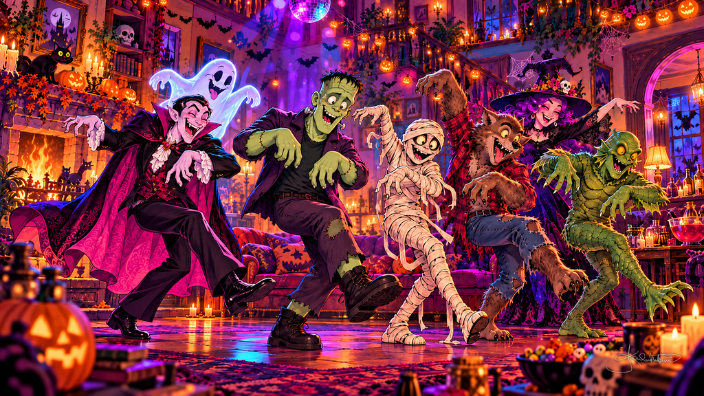 Dracula, Frankenstein's monster, a mummy, a werewolf and a swamp creature dancing in a candlelit room strung with jack-o'-lantern lights. Halloween Frame TV art from the Dreamy Halloween Haze collection by Dreams On Kanvas