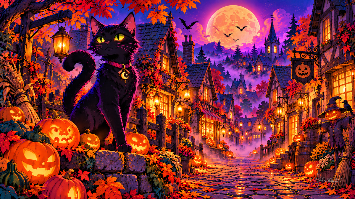 A black cat with a moon collar sitting on a stone wall among jack-o'-lanterns, a lantern-lit village street under a big orange moon. Halloween Frame TV art from the Dreamy Halloween Haze collection by Dreams On Kanvas