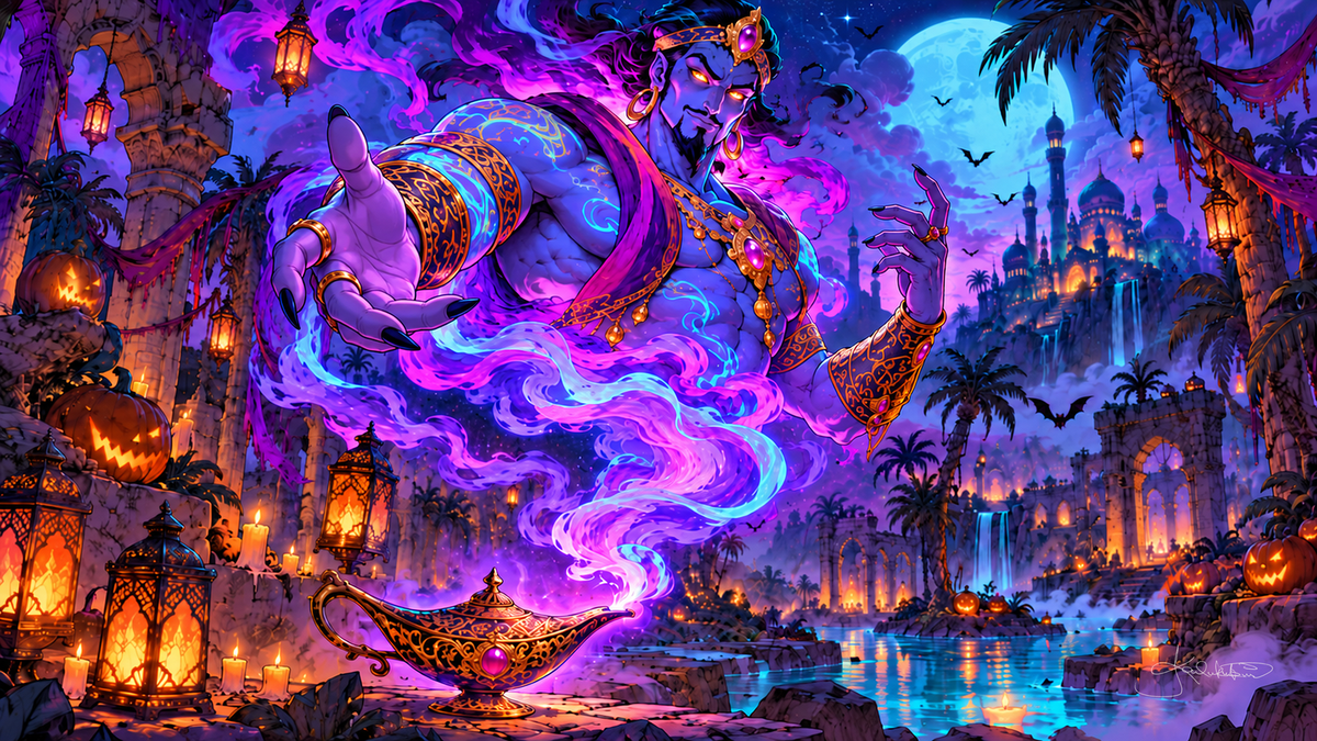 A blue djinn rising from a golden lamp in swirls of purple smoke over a moonlit desert oasis of palms and domed towers. Halloween Frame TV art from the Dreamy Halloween Haze collection by Dreams On Kanvas