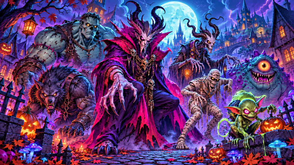 A crowd of classic monsters, a vampire, a werewolf, a mummy, a goblin and a one-eyed blob, gathered in a moonlit gothic village. Halloween Frame TV art from the Dreamy Halloween Haze collection by Dreams On Kanvas