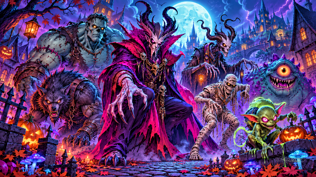 A crowd of classic monsters, a vampire, a werewolf, a mummy, a goblin and a one-eyed blob, gathered in a moonlit gothic village. Halloween Frame TV art from the Dreamy Halloween Haze collection by Dreams On Kanvas