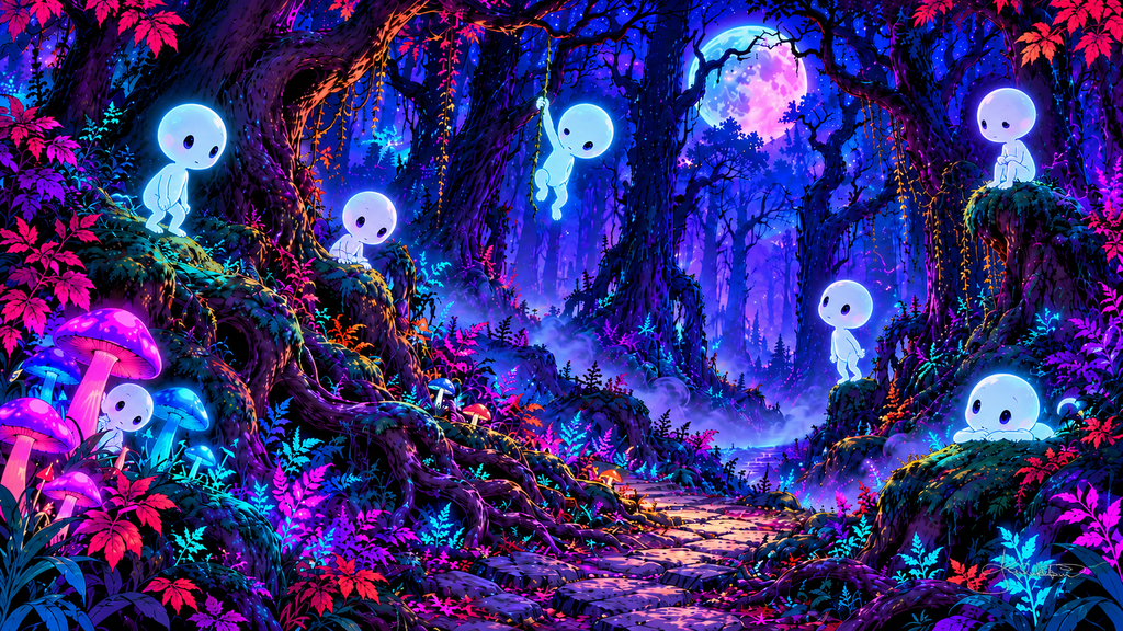 Small glowing white forest spirits in a neon forest of twisted trees, pink mushrooms and ferns, a path under the full moon. Halloween Frame TV art from the Dreamy Halloween Haze collection by Dreams On Kanvas
