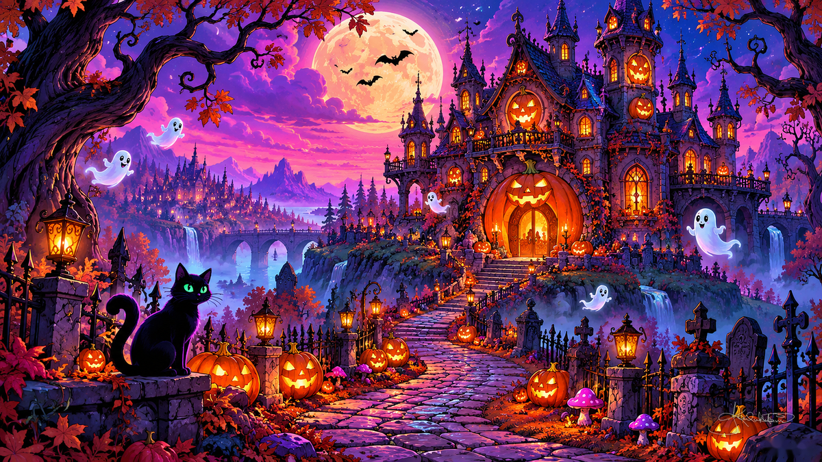 A gothic mansion with a jack-o'-lantern doorway on a hill, ghosts drifting around it and a black cat by the lanterns on the path. Halloween Frame TV art from the Dreamy Halloween Haze collection by Dreams On Kanvas