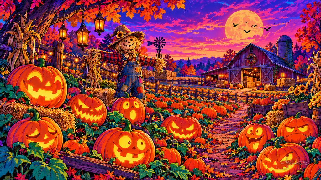 Rows of smiling jack-o'-lanterns in a pumpkin patch, a scarecrow and a red barn with a windmill under an orange harvest moon. Halloween Frame TV art from the Dreamy Halloween Haze collection by Dreams On Kanvas