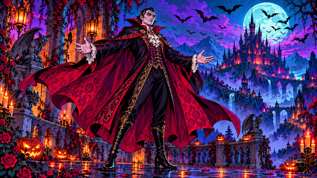 A vampire lord in a red cape on a moonlit balcony, bats over a gothic castle and waterfalls behind him. Halloween Frame TV art from the Dreamy Halloween Haze collection by Dreams On Kanvas