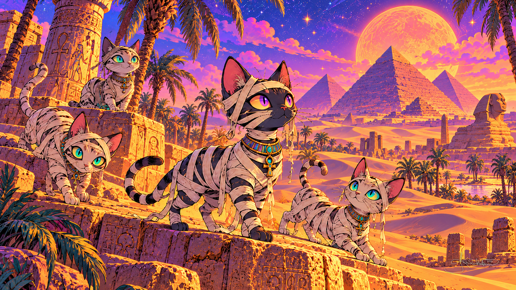 Cats wrapped like little mummies walking over sandstone ruins, the pyramids and the Sphinx under a pink desert moon. Halloween Frame TV art from the Dreamy Halloween Haze collection by Dreams On Kanvas