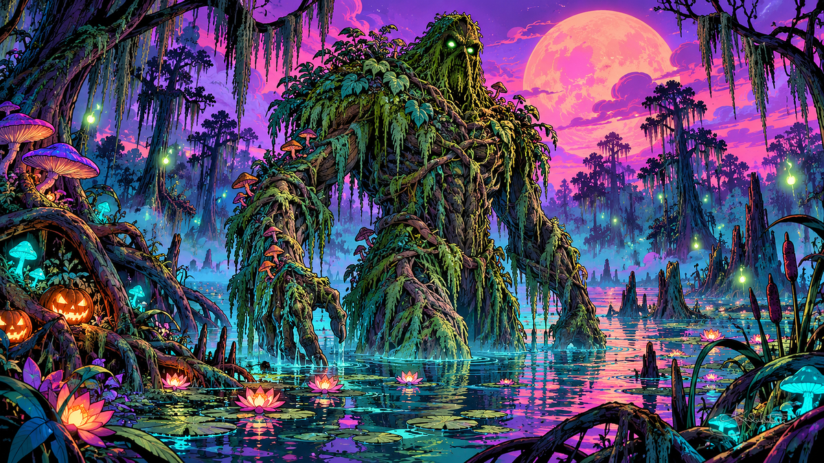 A towering moss-covered swamp guardian in a glowing bayou of cypress trees, lily pads and fireflies under a pink moon. Halloween Frame TV art from the Dreamy Halloween Haze collection by Dreams On Kanvas