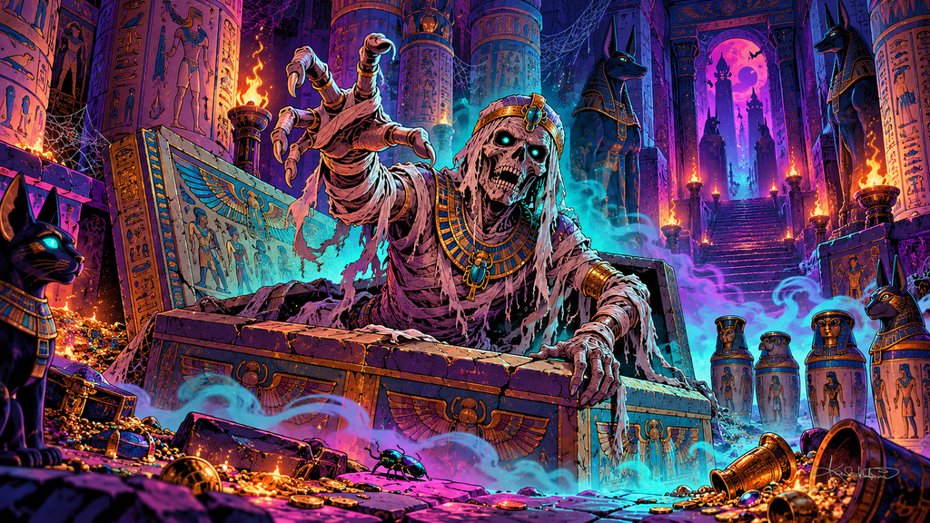 A pharaoh's mummy climbing out of a golden sarcophagus in a torchlit tomb, teal mist and treasure spilling across the floor. Halloween Frame TV art from the Dreamy Halloween Haze collection by Dreams On Kanvas
