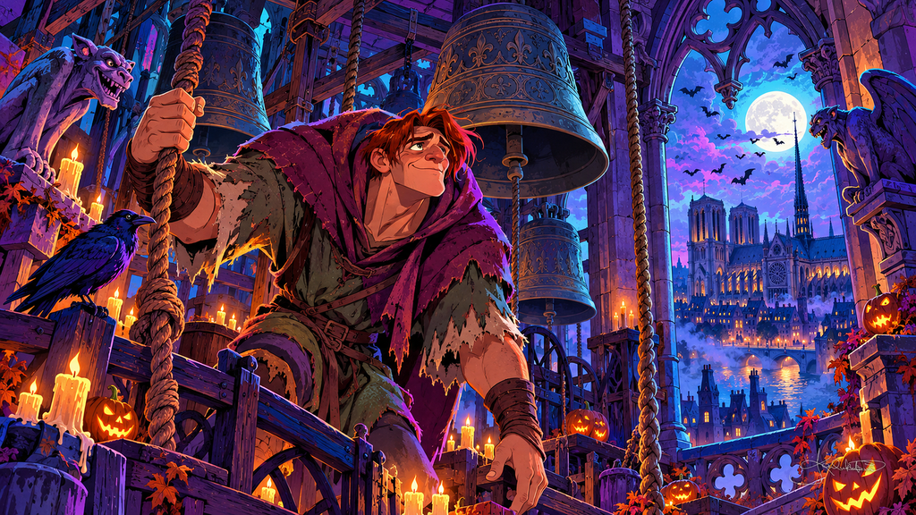 A bell ringer pulling the ropes in a cathedral bell tower, a raven beside him and the moonlit city and cathedral below. Halloween Frame TV art from the Dreamy Halloween Haze collection by Dreams On Kanvas
