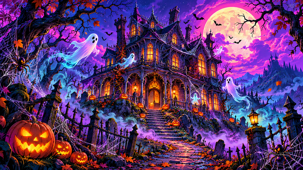 A haunted Victorian mansion at midnight, ghosts drifting around it, cobwebs on the gates and jack-o'-lanterns on the steps. Halloween Frame TV art from the Dreamy Halloween Haze collection by Dreams On Kanvas