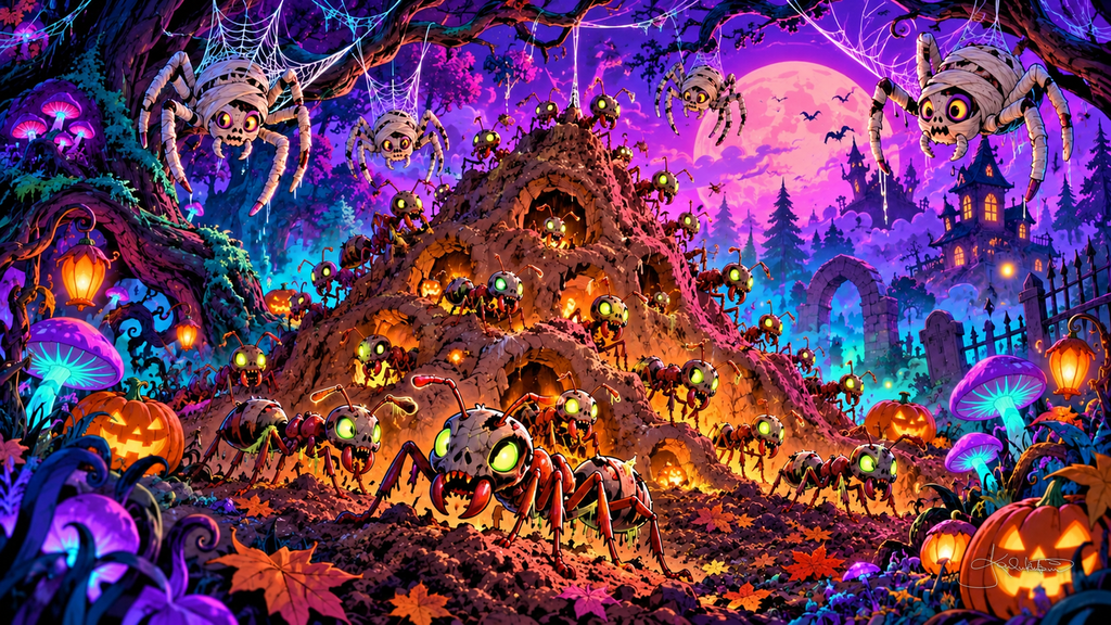 Cartoon ants and spiders swarming a glowing anthill among jack-o'-lanterns and neon mushrooms under the moon. Halloween Frame TV art from the Dreamy Halloween Haze collection by Dreams On Kanvas